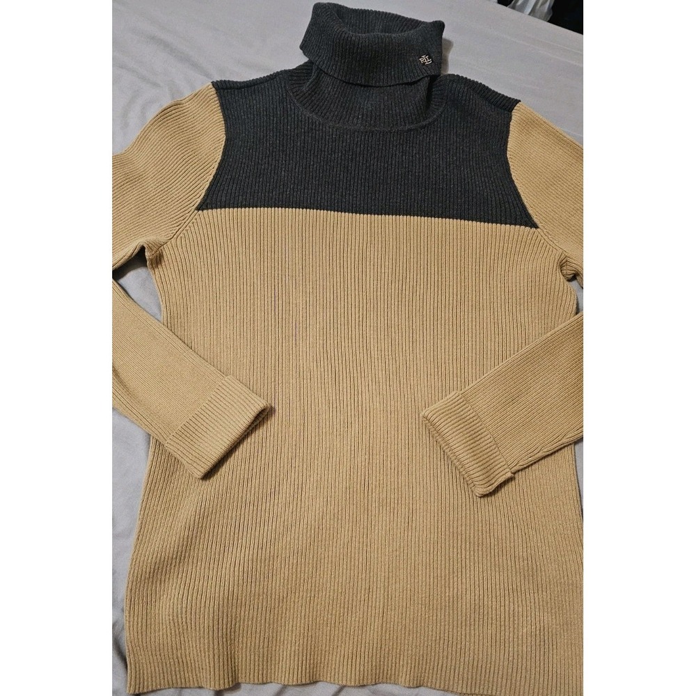 Vtg Polo Ralph Lauren Ribbed Turtleneck Sweater Women's L Grey/Tan Cotton Logo